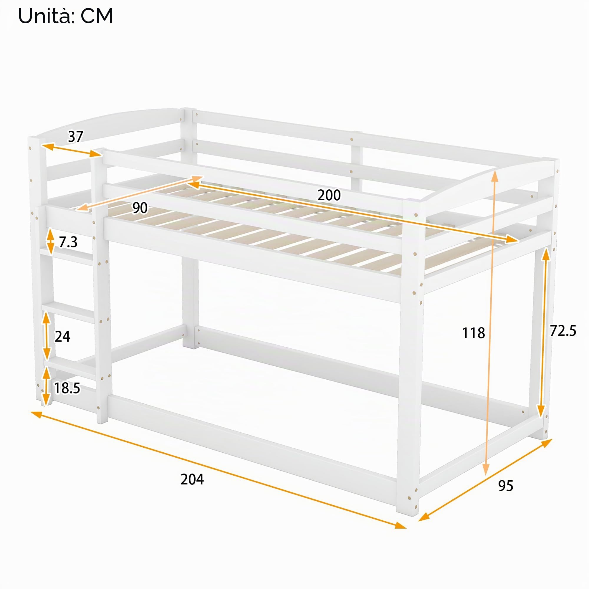 Idemon Letto a castello per bambini e ragazzi, letto per bambini, telaio in pino massiccio, facile da montare, 90 x 200 cm (bianco)
