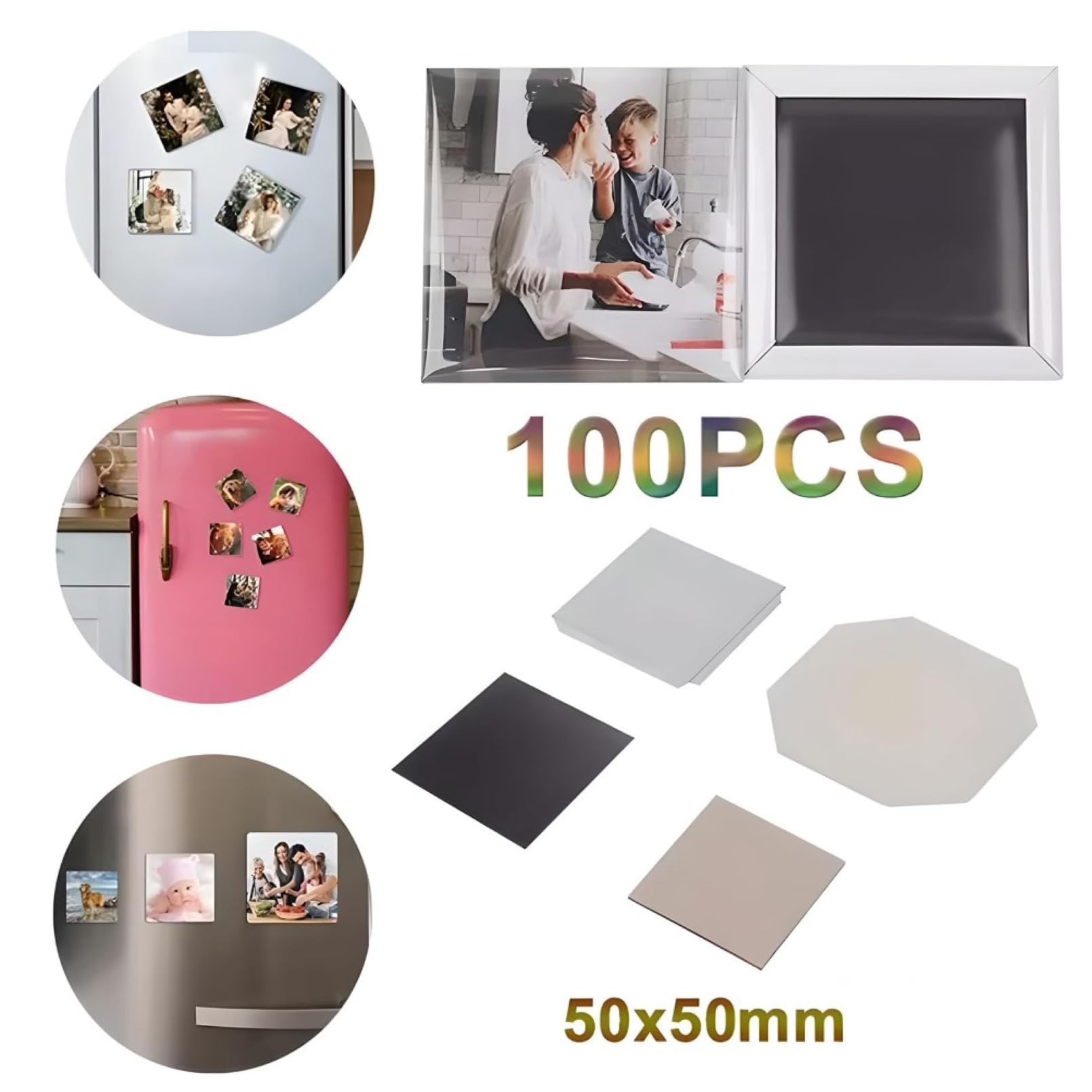 Kit de piezas de máquina para hacer botones, 200 juegos de espacios en blanco cuadrados de 50 x 50 mm, incluye cubierta de metal, parte trasera de plástico, película transparente, papel en blanco