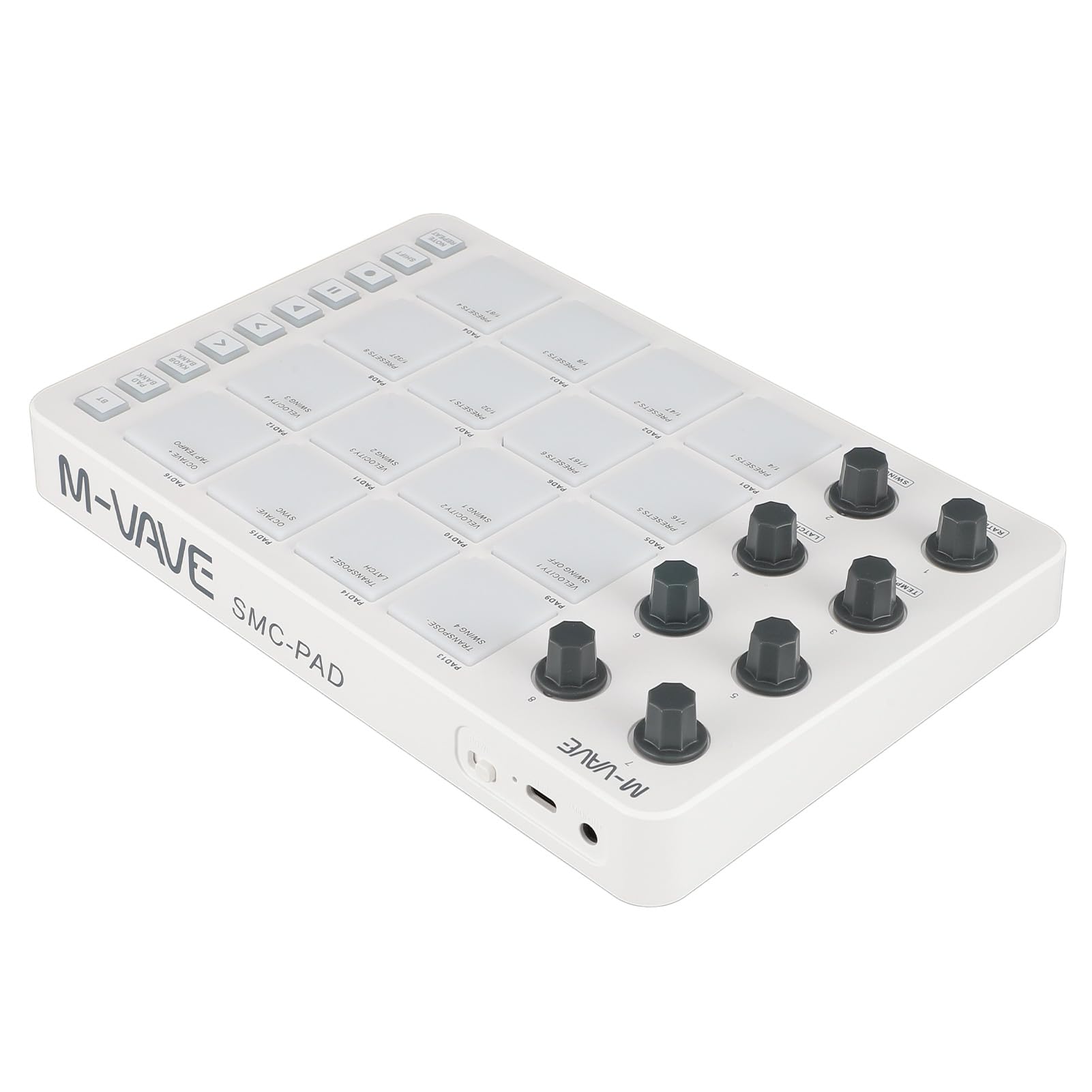 Bewinner Tragbarer Bluetooth-MIDI-Controller, 16 RGB-beleuchtete Drum-Pads mit 8 Zuweisbaren Knöpfen, Notenwiederholung, Geringe Latenz, Kabelloser MIDI-Pad-Controller für Live FL Studio Logic Pro X