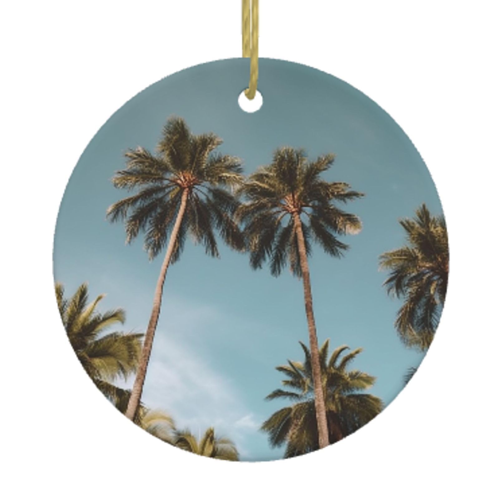 Ceramic Christmas Tree Hanging Ornaments with Gold Ropes Christmas Tree Decorations Round Ceramic Tall Tropical Palm Trees Pendant Keepsake Decorations for Holiday Xmas Gift Ideas