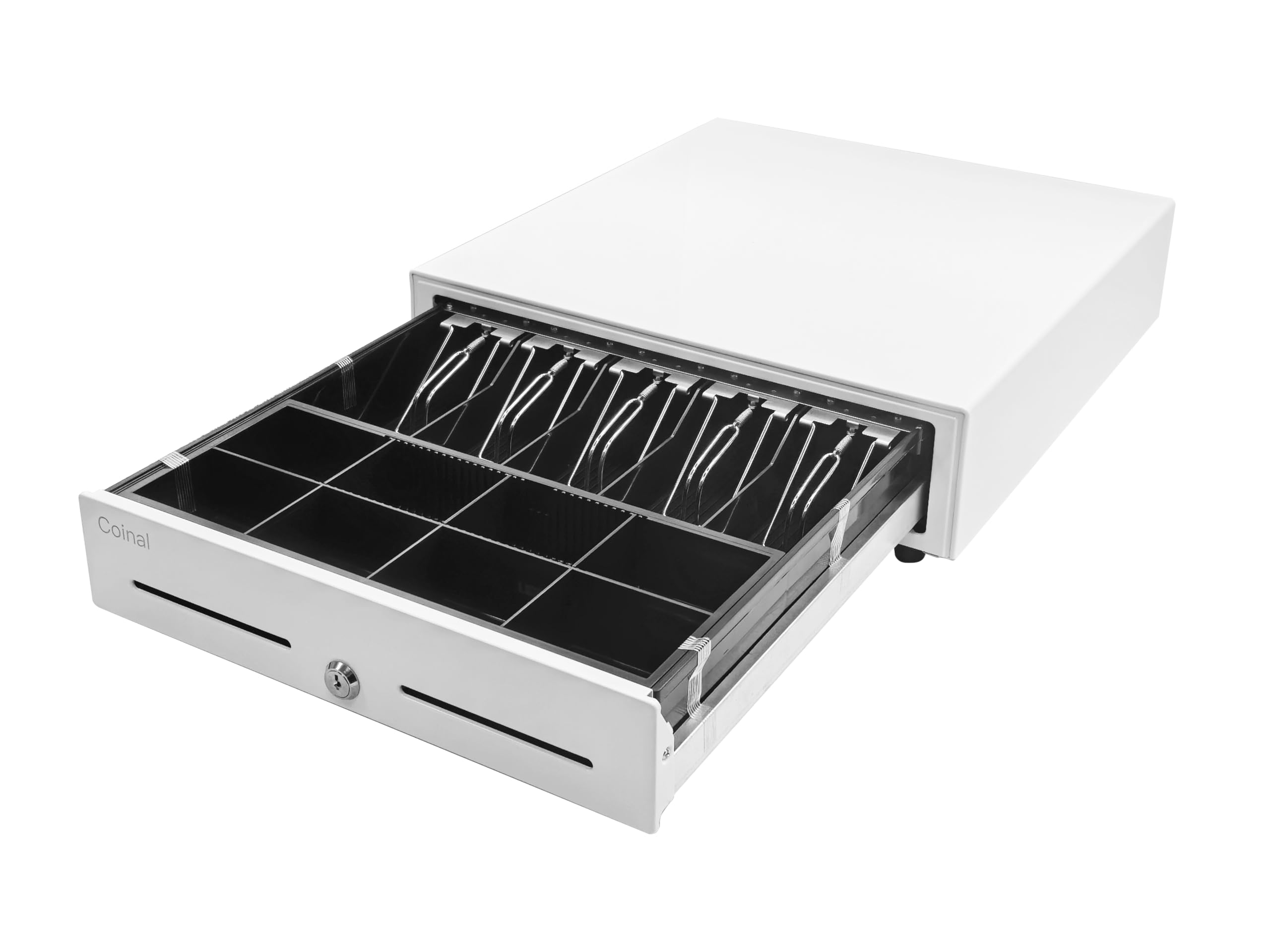 Cassetto per contanti con interfaccia RJ12, bianco, 5 scomparti per riporre banconote, 8 scomparti per monete, apertura manuale e automatica, 6 chiavi incluse, vassoio in acciaio inox