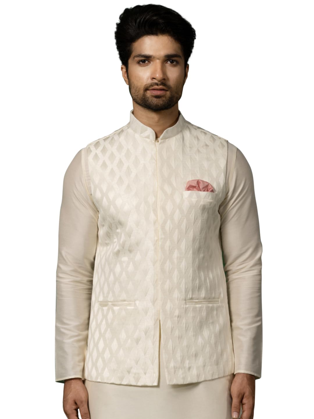 kisah Mens Nehru Jacket, Silk Blend Jacquard White Waistcoat for Men-picture-19
