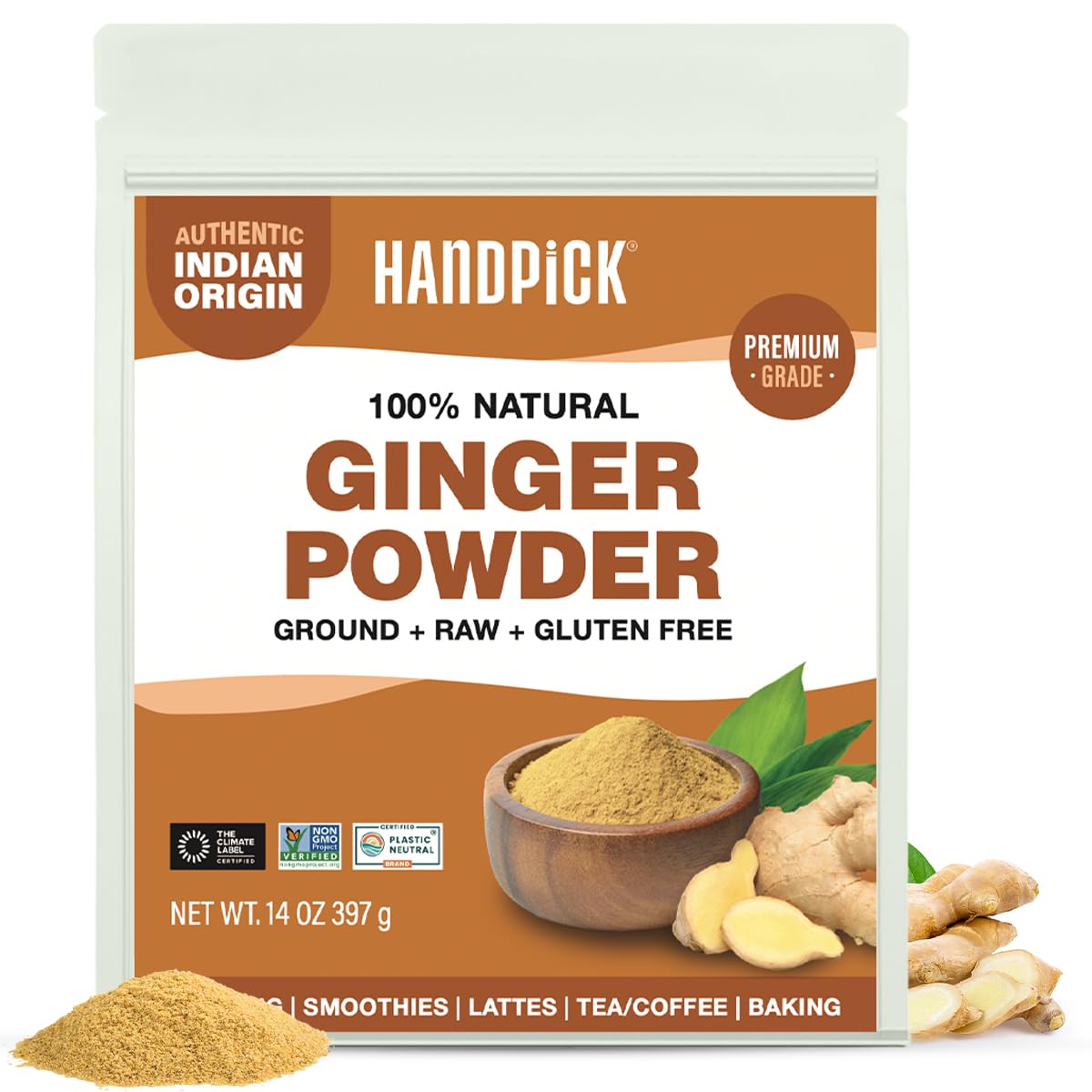 HANDPICK Ginger Powder (14oz/397g) No Additives, No Preservatives, No Fillers | Ginger Root Powder from India | Raw, Gluten Free, Non GMO | Perfect for Cooking, Baking | Resealable Zip Lock Pouch