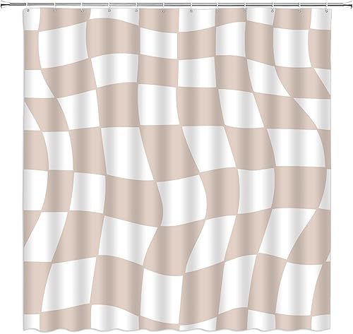 Miniatura 7 de Cortina de ducha a cuadros en blanco y negro, retro, estética, abstracta, de los años 60 y 70, tela hippie para decoración del hogar, juego de Negro