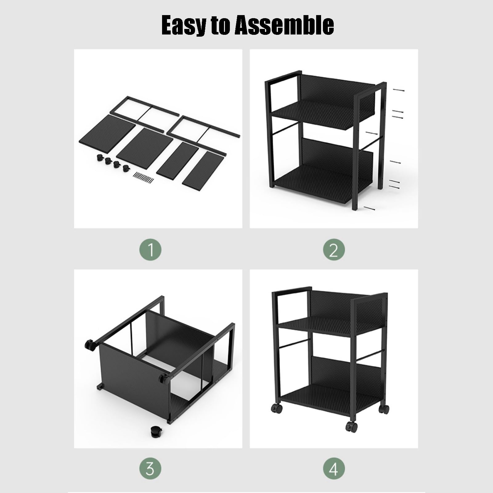 Soporte para Impresora Negro con Estante de Almacenamiento de Fibra de Carbono de 2 Niveles y separadores, Carrito metálico móvil con Ruedas para fax, escáner, Archivos y reproduct