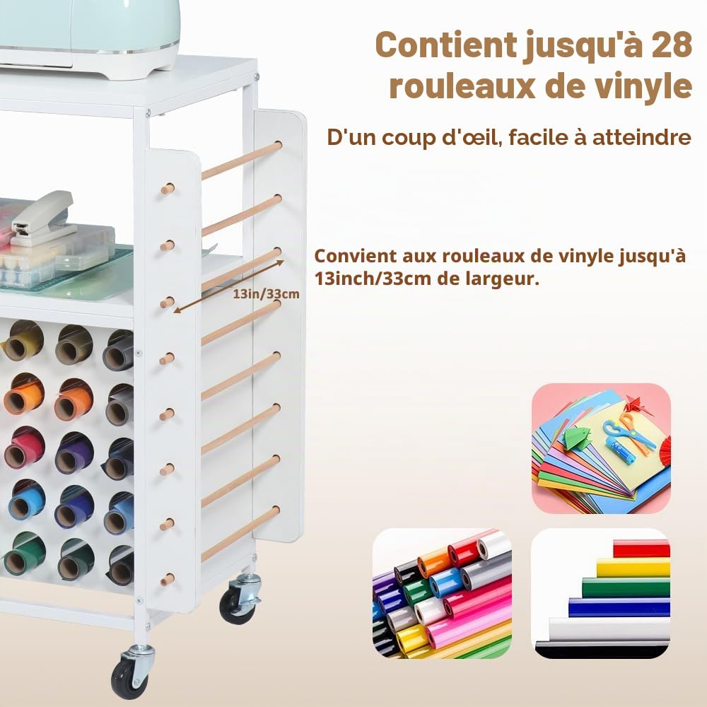 SMONTER Table d'organisation et de rangement pour machines Cricut, chariot roulant avec 28 supports de rouleau de vinyle et 5 tiroirs, support de presse à chaud avec crochets