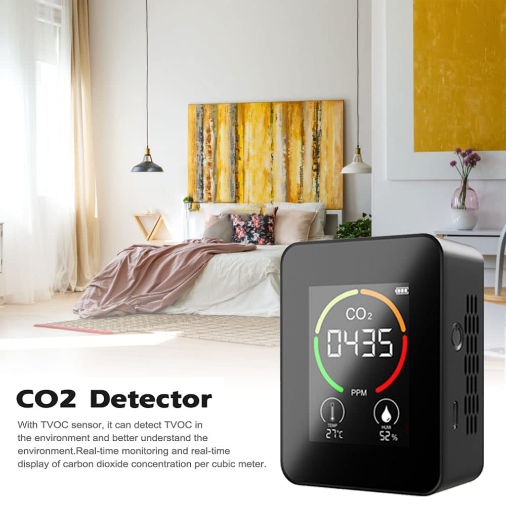Detector de CO2, Monitor de CO2, Monitor de dióxido de Carbono, Sensor de CO2, Cargador Digital USB, Sensor de Calidad del Aire, Detector de Temperatura y Humedad para Oficina en casa(Negro)