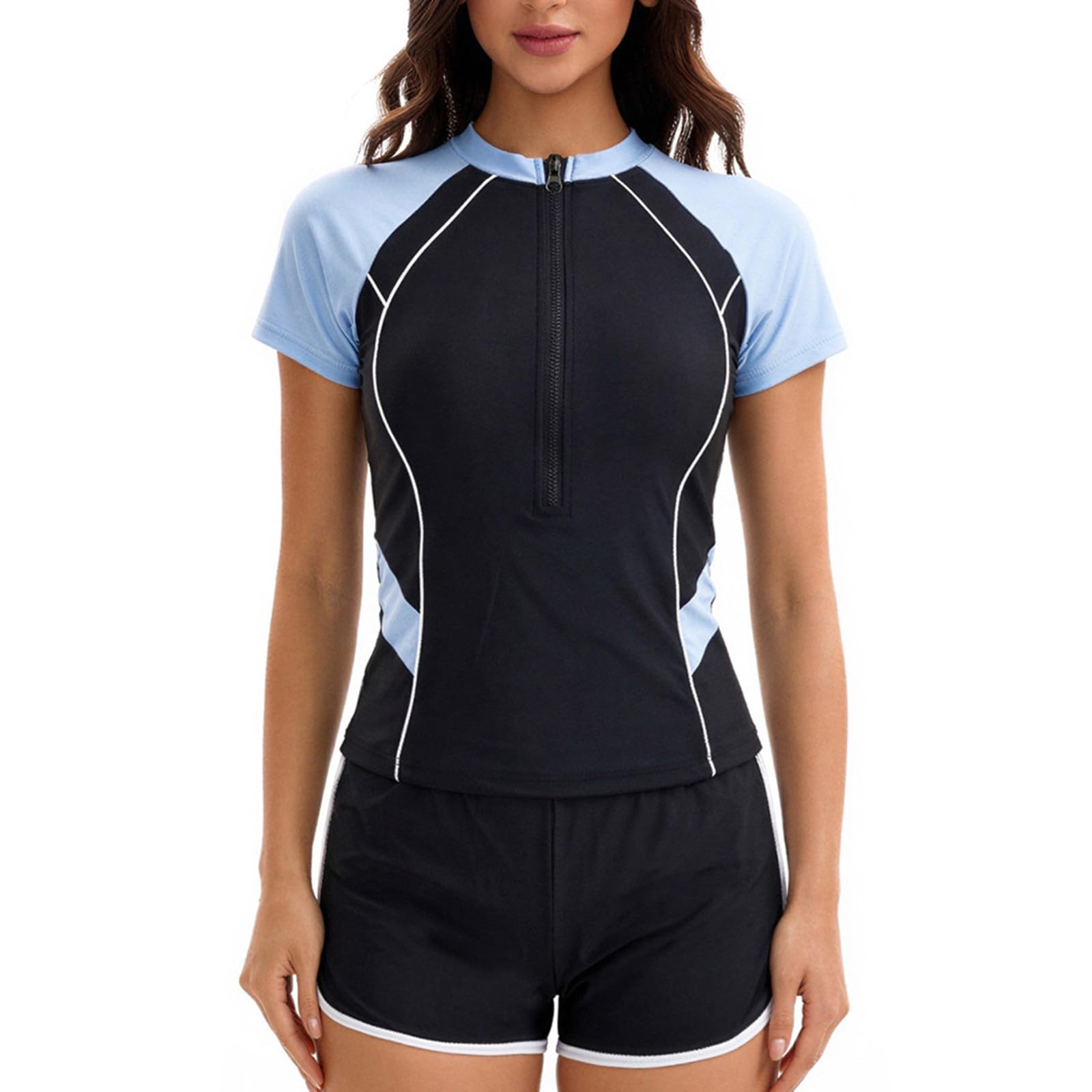 Traje baño Rash Guard Tankini Media Cremallera Manga Corta Mujer Color Block