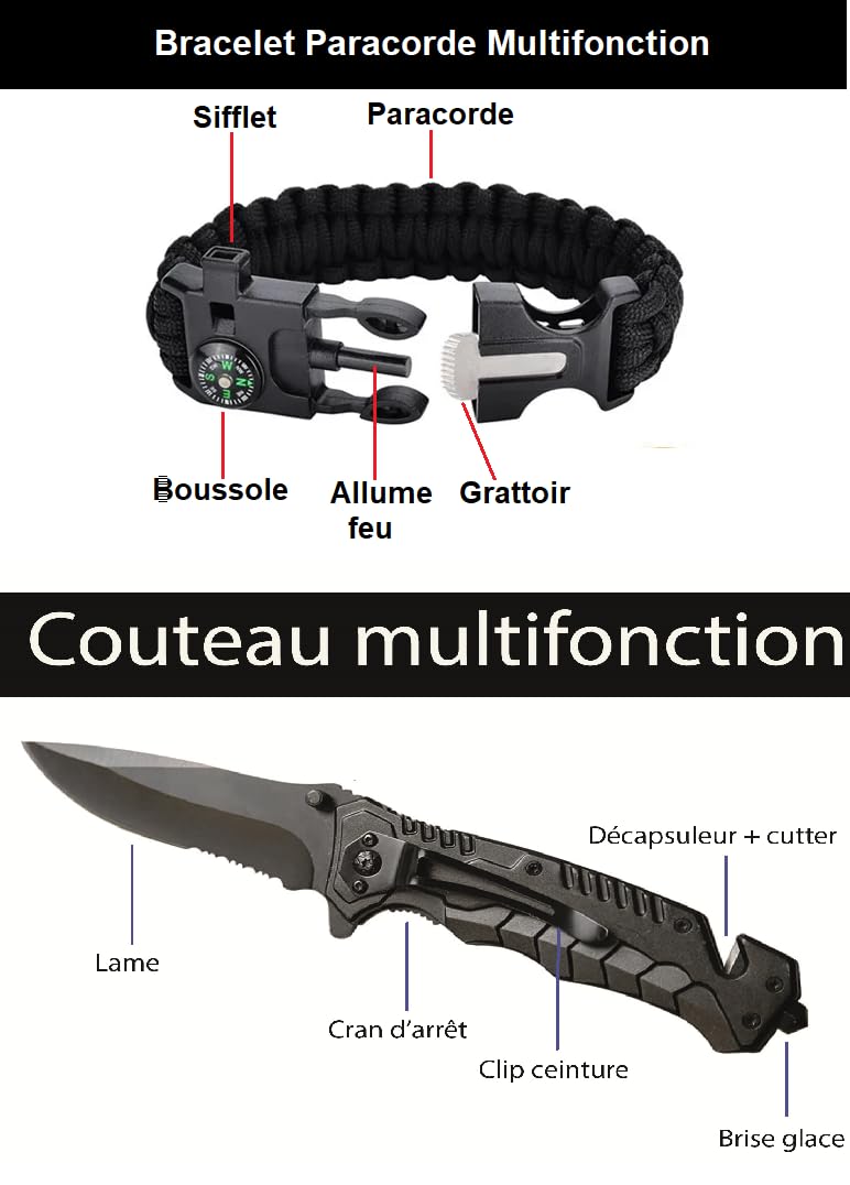 kit de Survie XXL + Trousse De Secours Ultra Complete - Mini Pelle Pioche Pliante - scie - Boussole - Paracorde - Couteau Pliant Multifonction - Allume Feu - Lampe Torche - Filtre à Eau - Garrot...