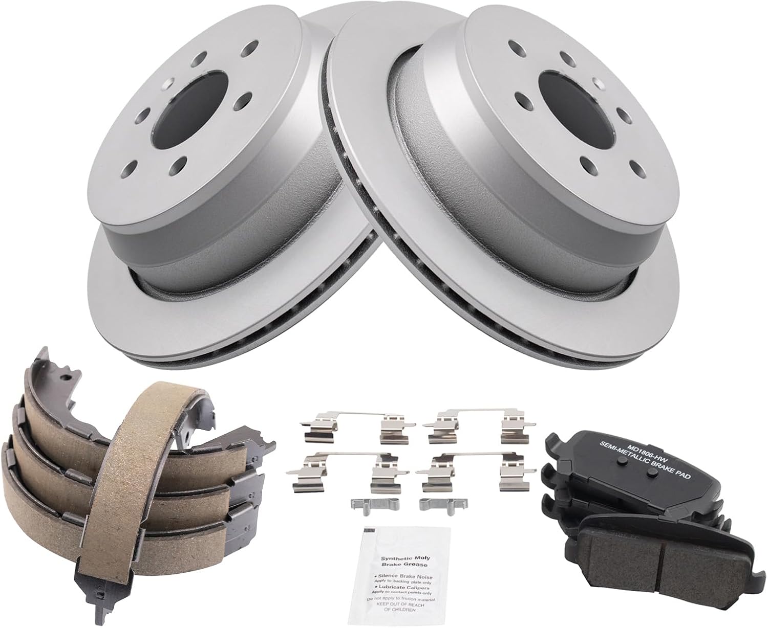 TRQ Rear Brake Pad and Rotor Set Semi Metallic Coated Rotors Parking Shoe Compatible with 2015-2019 Chevrolet Colorado GMC Canyon
