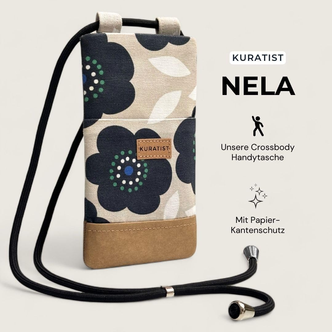 NELA Cotton Twill & Paper Phone Sleeve with Strap - Handmade Phone Case Compatible with iPhone (Midnight Bloom, Medium)