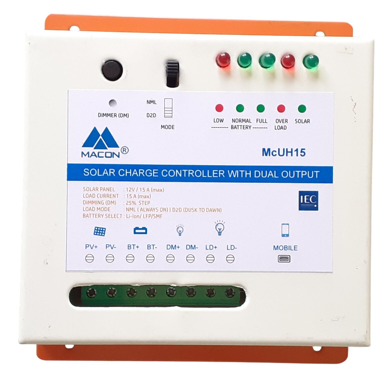 MACON Solar Charge Controller, 12V, 15A, with Dusk to Dawn Switch, Independent Dimming Output, USB Mobile Charging, SMF/Li-Ion/LFP Battery Selection, IEC 62093 certified-image-49