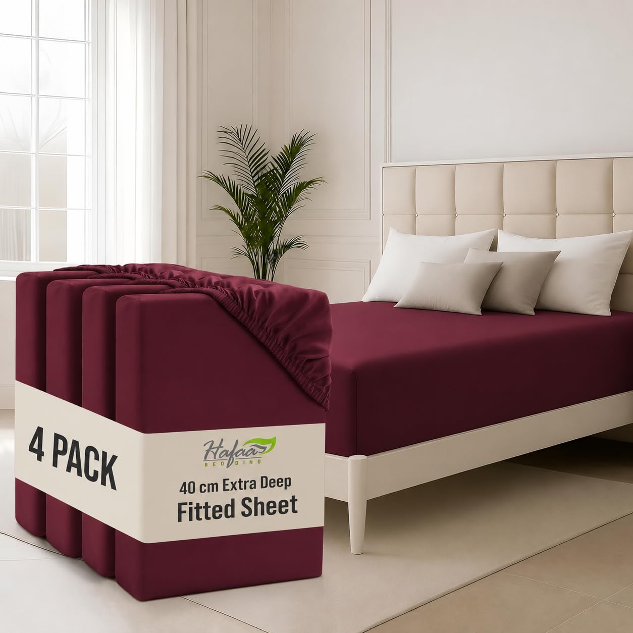 Hafaa Super King Fitted Sheets 4 Pack 40Cm Deep Pocket 16 Inch Burgundy