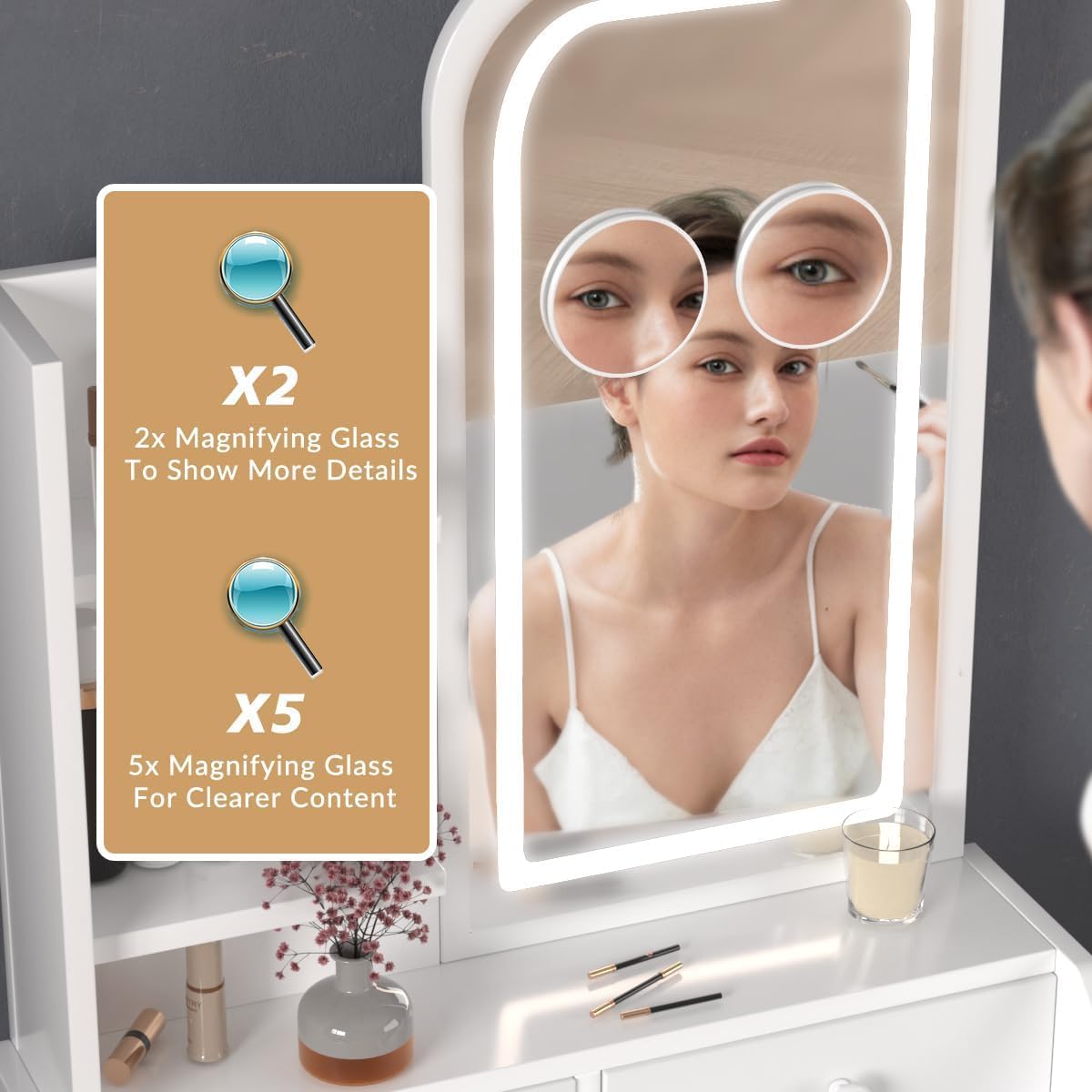 HOMEMORE Small Vanity Desk with Mirror and Lights, Makeup Vanity Desk with 3 Drawers & 3 Shelves, 2X & 5X Magnifying and Power Outlet, Dressing Table for Bedroom,White