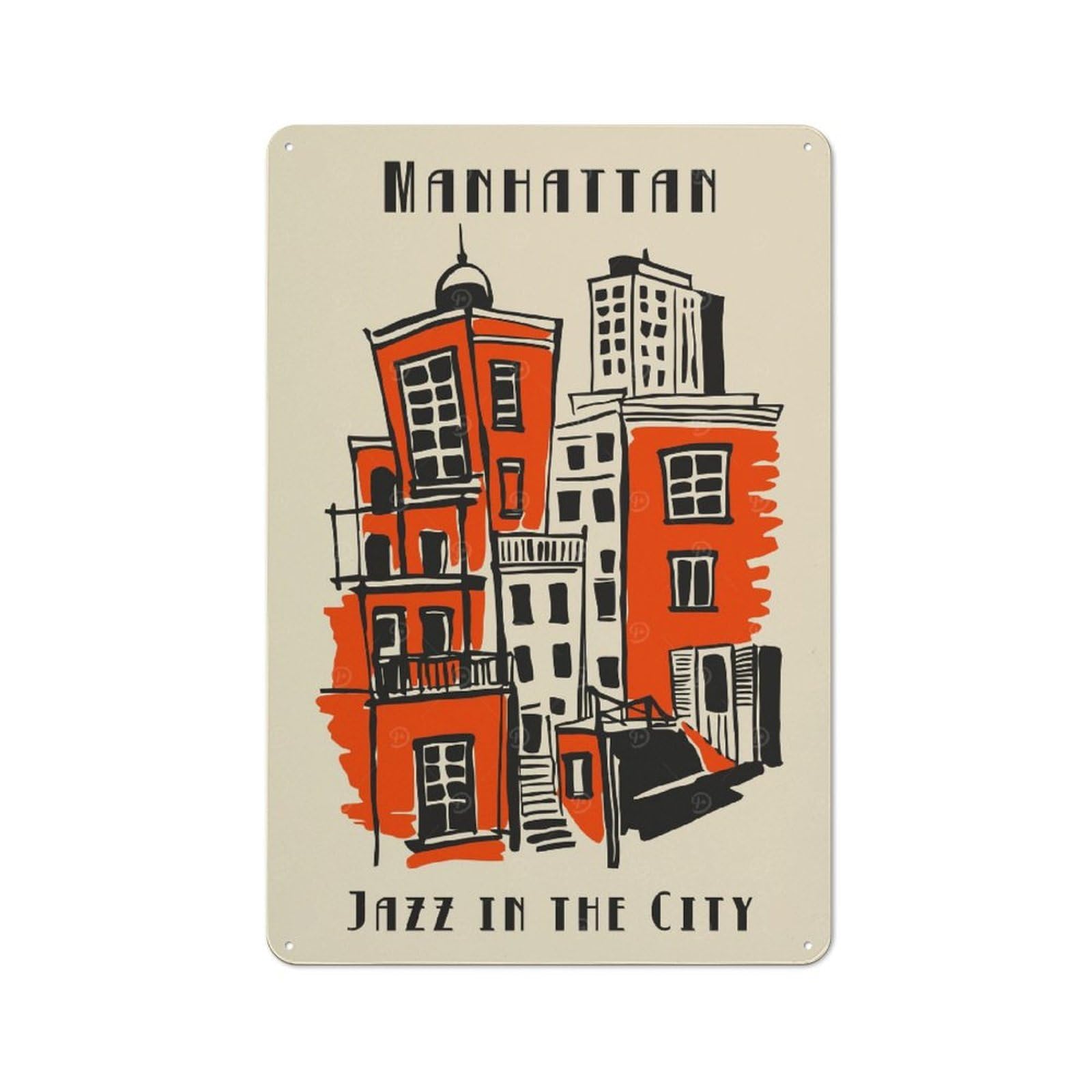 Junmoney Style Manhattan Jazz Cityscape Art Print Decorative Tin Sign 30X20cm, Rustic Rustic Kitchen Decor For Kitchen, Cottage, Porch Or Garden Room