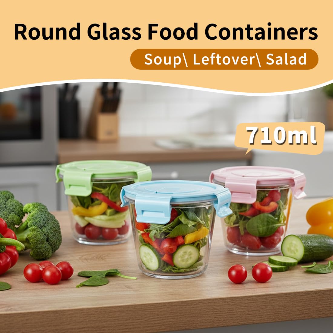 Contenitori per alimenti in vetro, 710ml Contenitori per alimenti in vetro con coperchio, Meal Prep Contenitori con，per cucina domestica o ristorante Per Microonde, Lavastoviglie, Forno-4