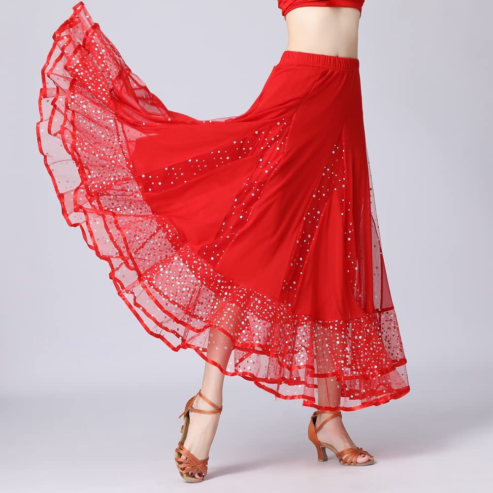 Große Schaukel Maxirock Damen Tanzrock Pailletten Tanzkleider Ballsaal Tanzen Lange Rock Flamenco Kleid Walzer Tango Latein Kostüm