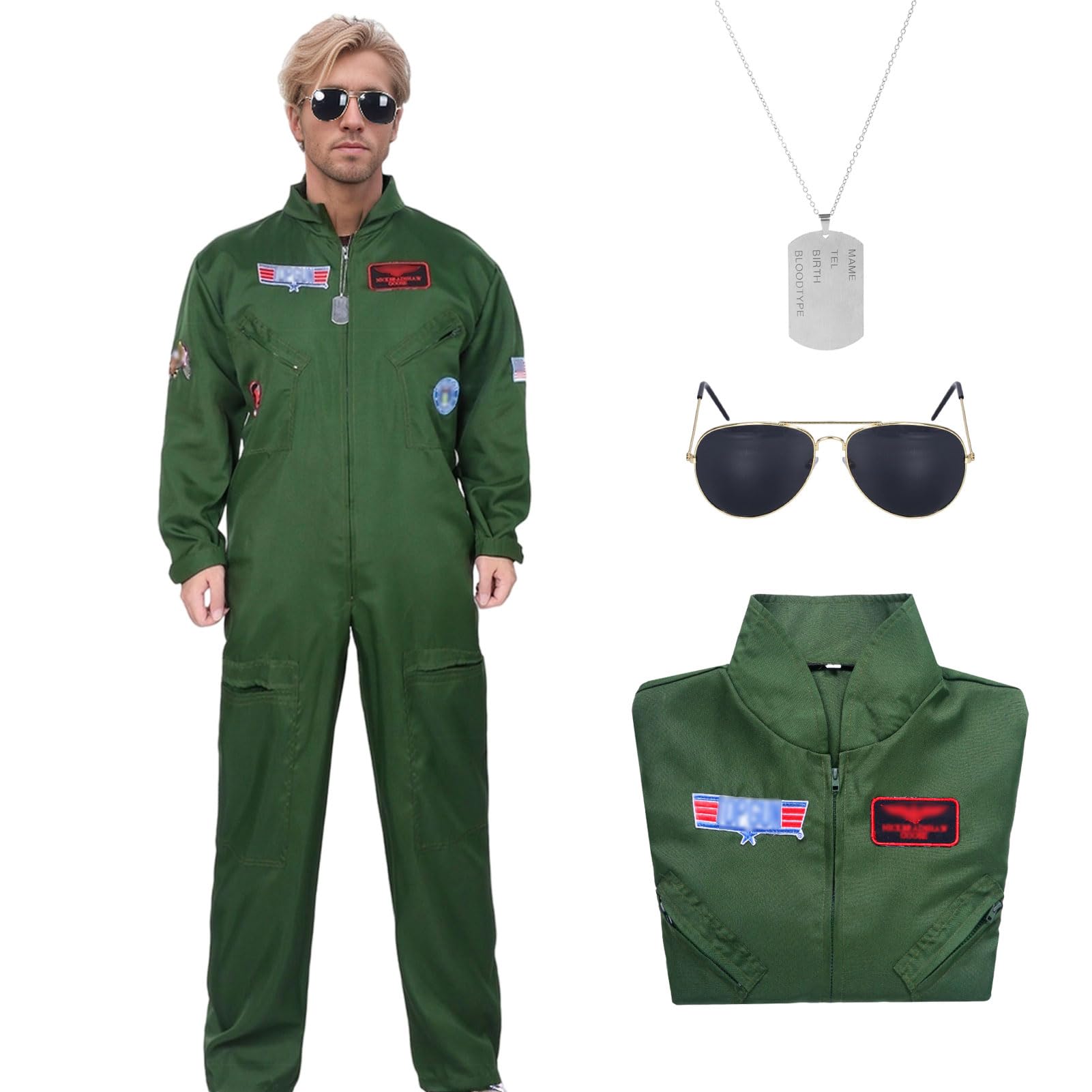 Antsparty Men Pilot Costume Aviator Fancy Dress Set with Pilot Jumpsuit Necklace Sunglasses, Green Aviator Flight Suit for Men Adult Halloween Cosplay Costume