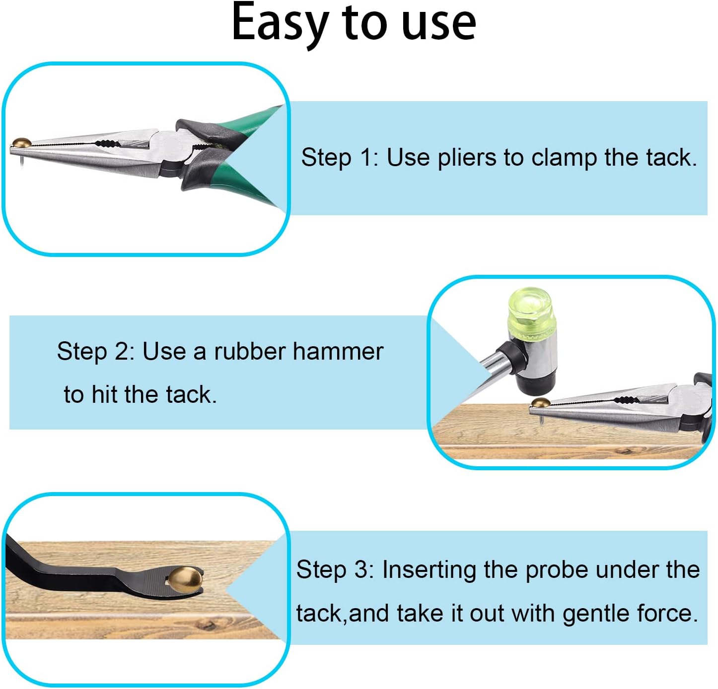 5PCS Upholstery Tools Kit - Dual Head Soft Rubber Mallet Hammer with 2PCS Replacement Head, Nail Tack Remover Tool & Removal Pliers for Furniture Floor Jewelry Craft Project etc
