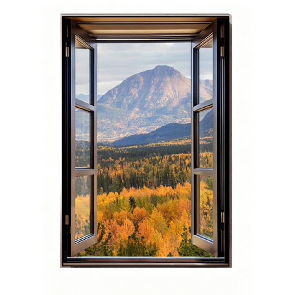 GZHERVICES Faux Window Mountain View Wall Art, Fake Window Frame View Of Sunlight Over The Hill Landscape，3D Realistic Scenic Landscape Canvas Print For Living Room Bedroom Home Decor(F,90x130 cm)