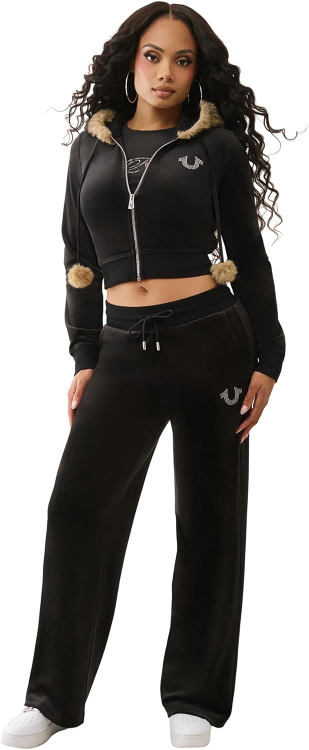 True Religion Velour Crystal Shrunken Women’s Zip Up Hoodie – Cropped Fit, Crystal Horseshoe Logo - Image 2