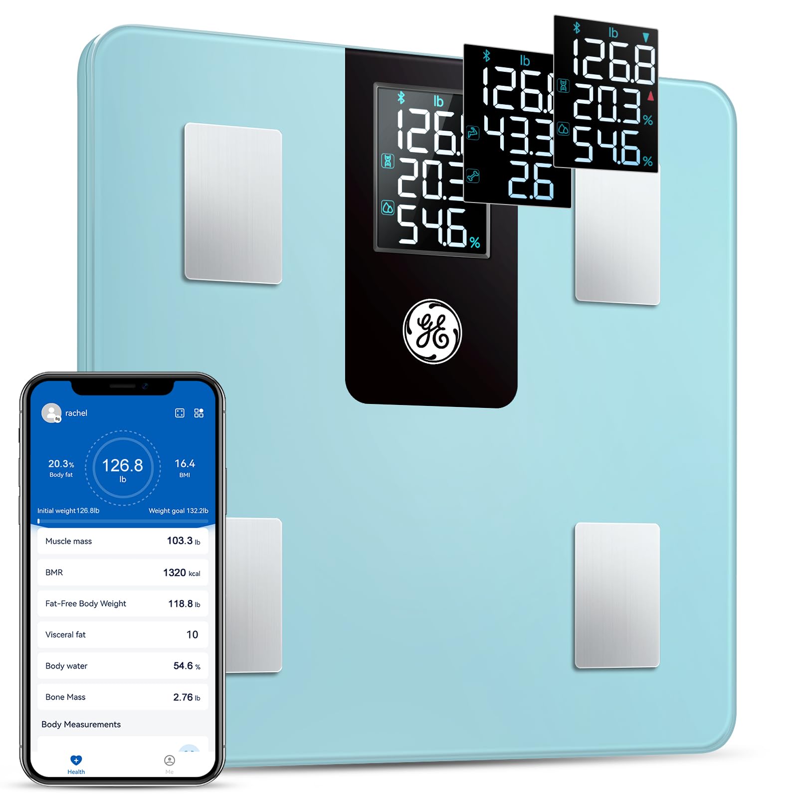 GE Weight Scale Body Fat: Smart Scale for Body Weight Bluetooth Bathroom Digital with BMI Fat Percentage Composition with Large LCD Display Weighing 396lbs Blue