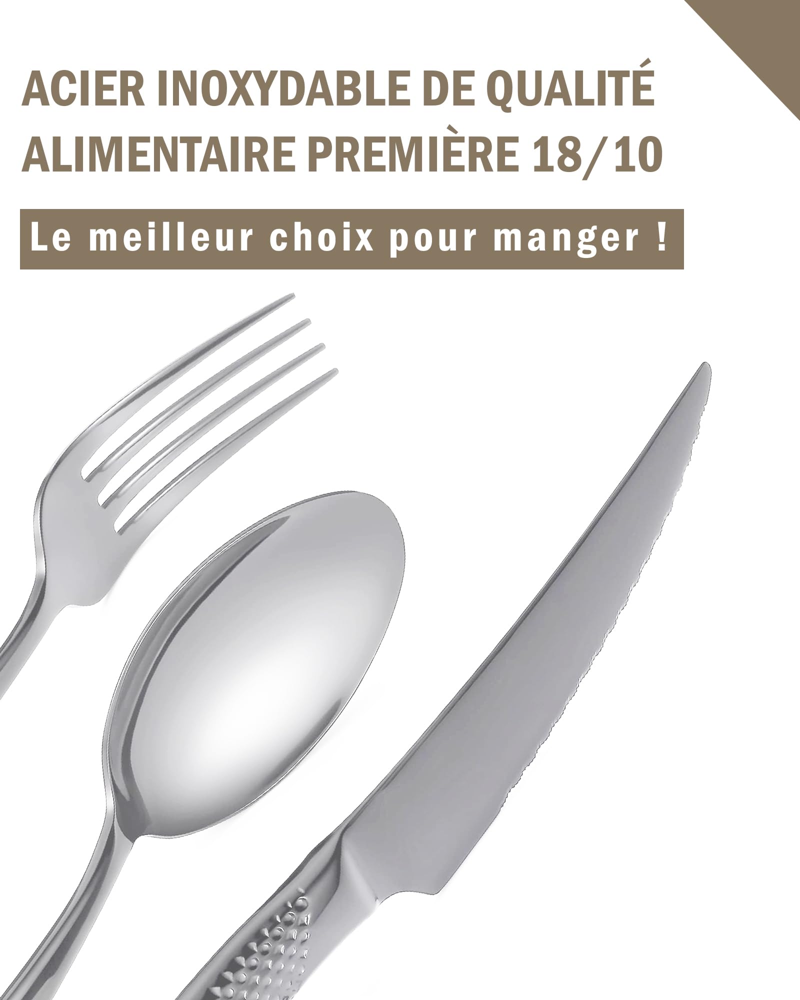 Ensemble de couverts modernes 24 pièces, Argent martelé Couteaux dentelés 2-en-1 ultra-tranchants, Service en acier inoxydable 18/10 Set pour 6 personnes, Couteaux, fourchettes, Cuillères