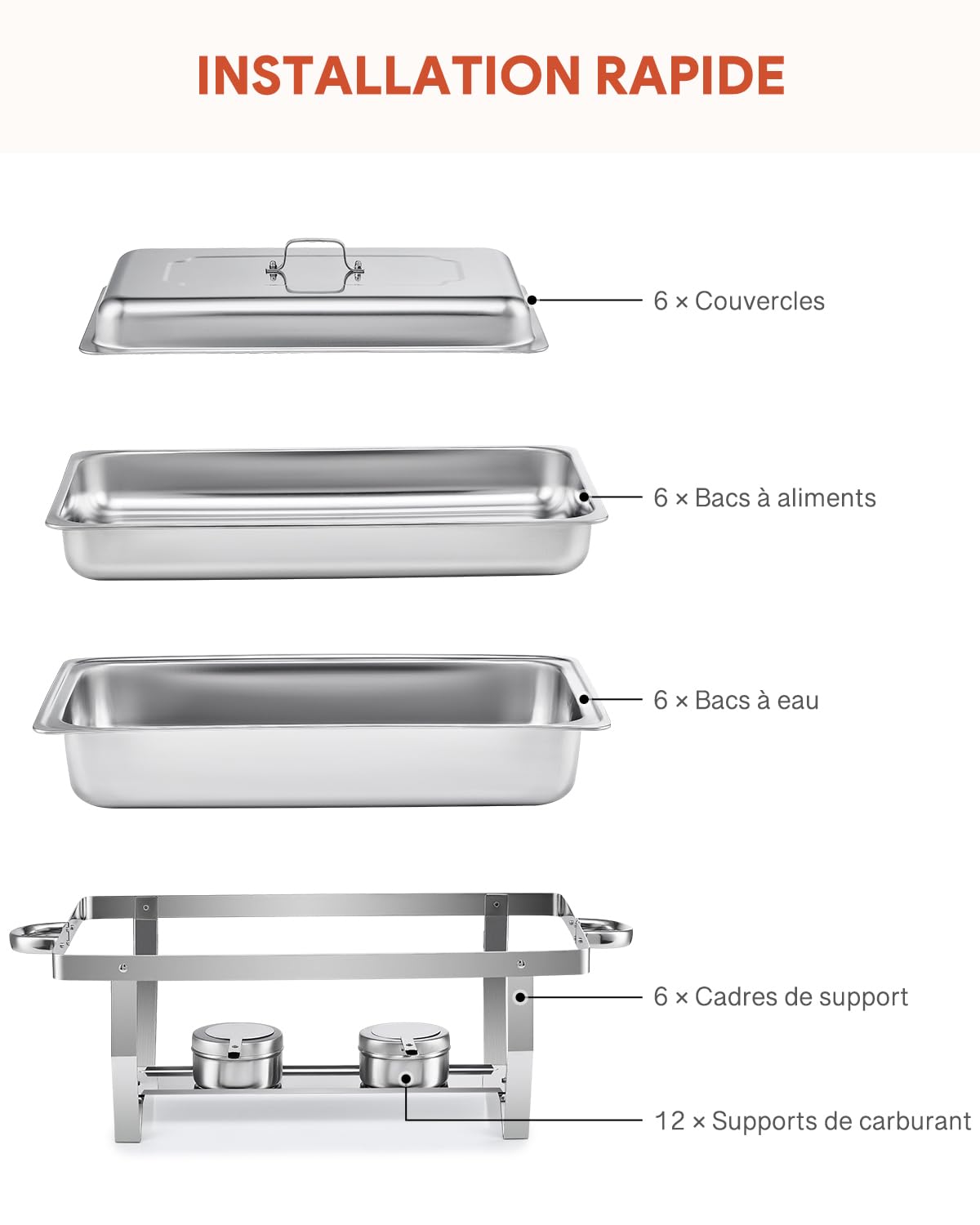Wilprep Lot de 6 Chafing Dish 9L Chauffe-Plats en Acier Inoxydable Buffets Chauffants pour Maison Restaurants Fêtes Mariages Pique-Niques