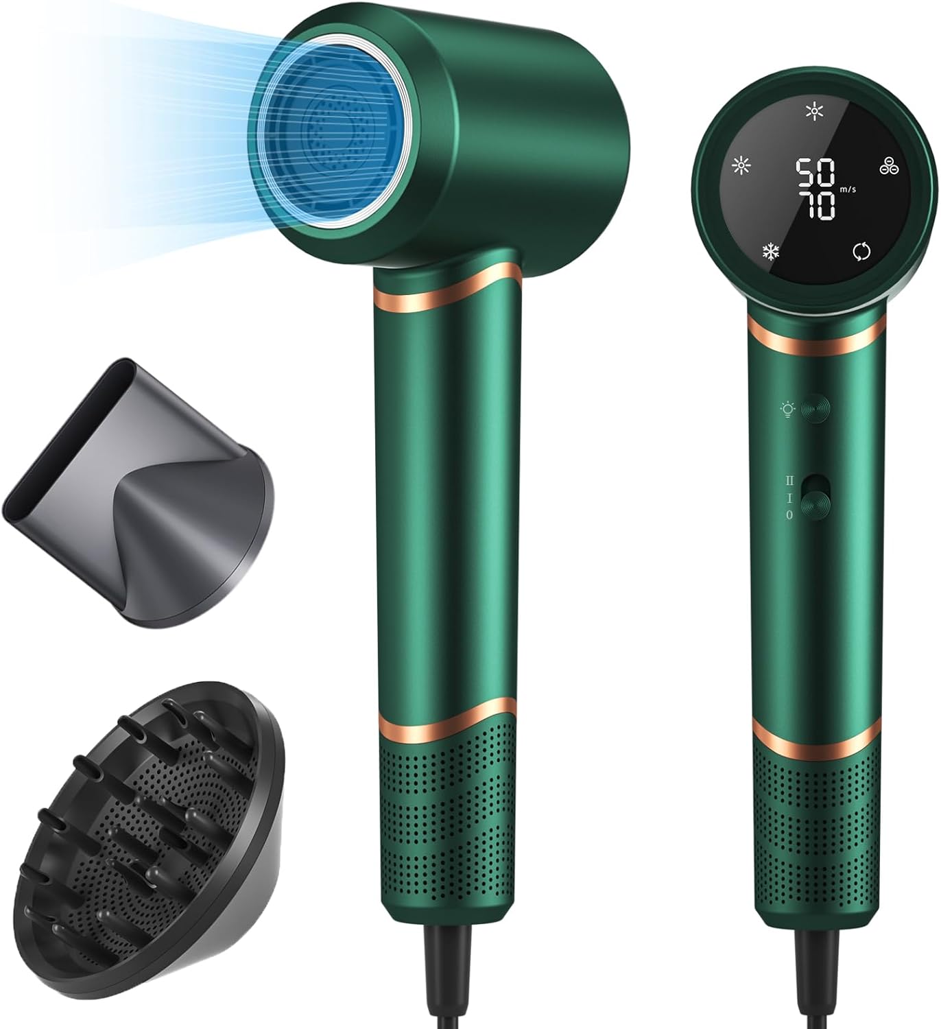 Hair Dryer – 110000 RPM High-Speed Brushless Motor Negative Ionic Blow Dryer for Fast Drying, Low Noise Thermo-Control Hair-Dryer-2 Speed ​​and 3 Heat Settings, Cold Air Button with 1 Diffuser-Green