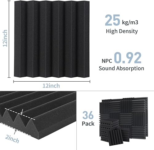 Miniatura 2 de Paneles de espuma a prueba de sonido, 12 x 12 x 2 pulgadas, paquete de 36 paneles de espuma acústica para paredes y techos de espuma de alta