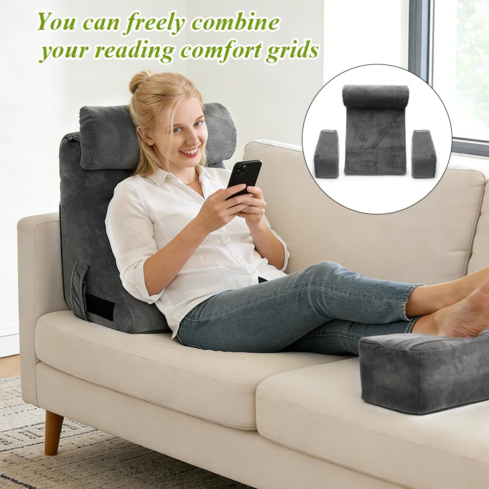 Lesekissen für Bett und Sofa Bücherkissen mit Abnehmbarer Nackenrolle & Armlehne, Sitzkissen mit Rückenlehne, Komfortkissen Lesekissen für Erwachsene, Rückenkissen zum Fernsehen, Lesen und Spielen