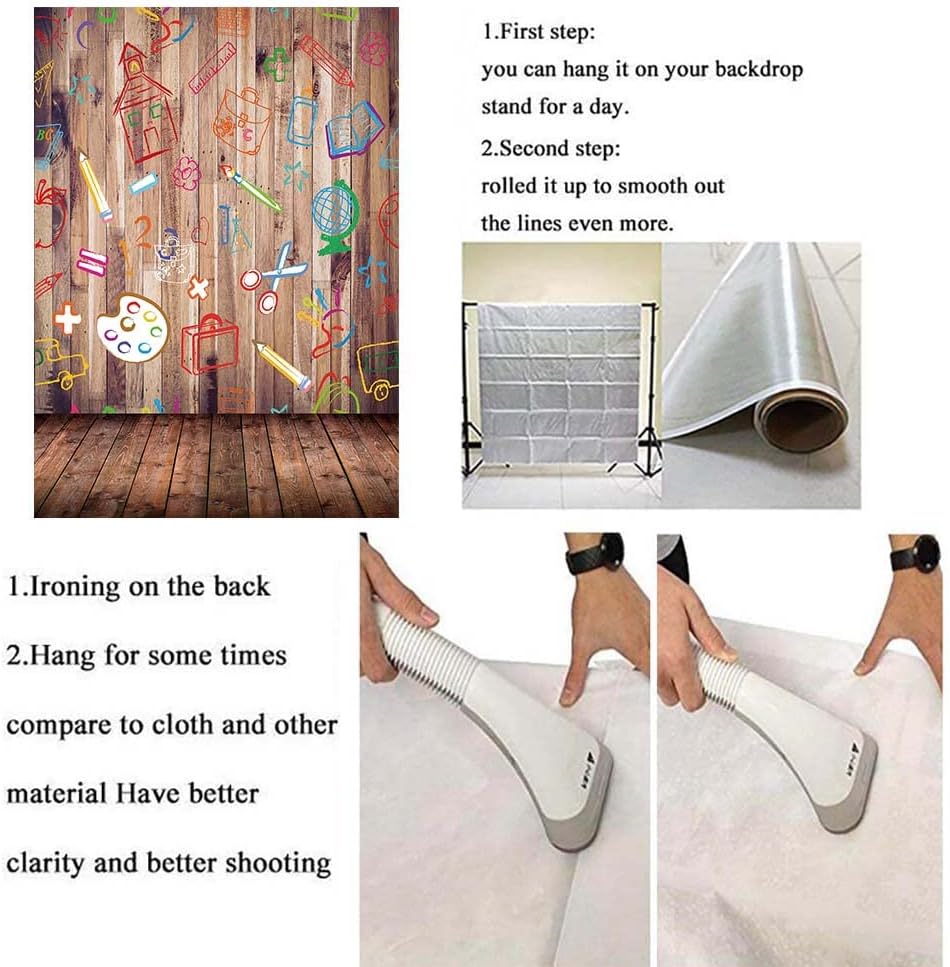 Miniatura 7 de Telón de fondo para fotografía de regreso a clases 2025 de 5 x 7 pies, lápices pintados a mano, libros de casa sobre fondo de piso de madera retro