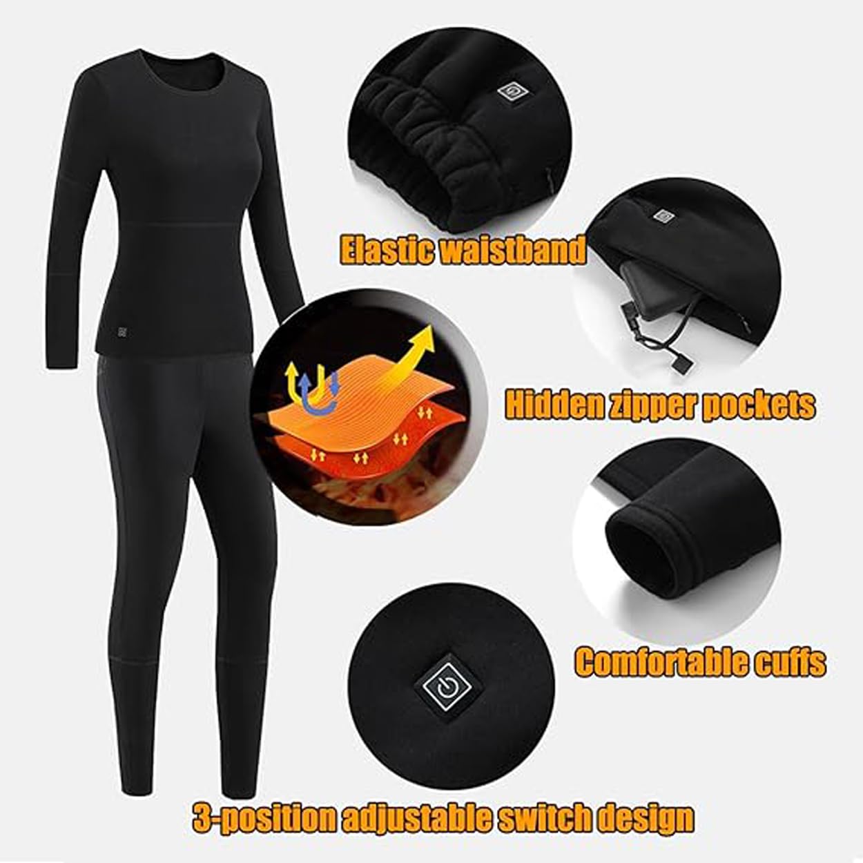 LANGWEI Ropa Interior Térmica Calefactable para Mujer, 28 Zonas De Calefacción Forro Polar Ropa Interior Térmica Eléctrica para Exteriores En Invierno