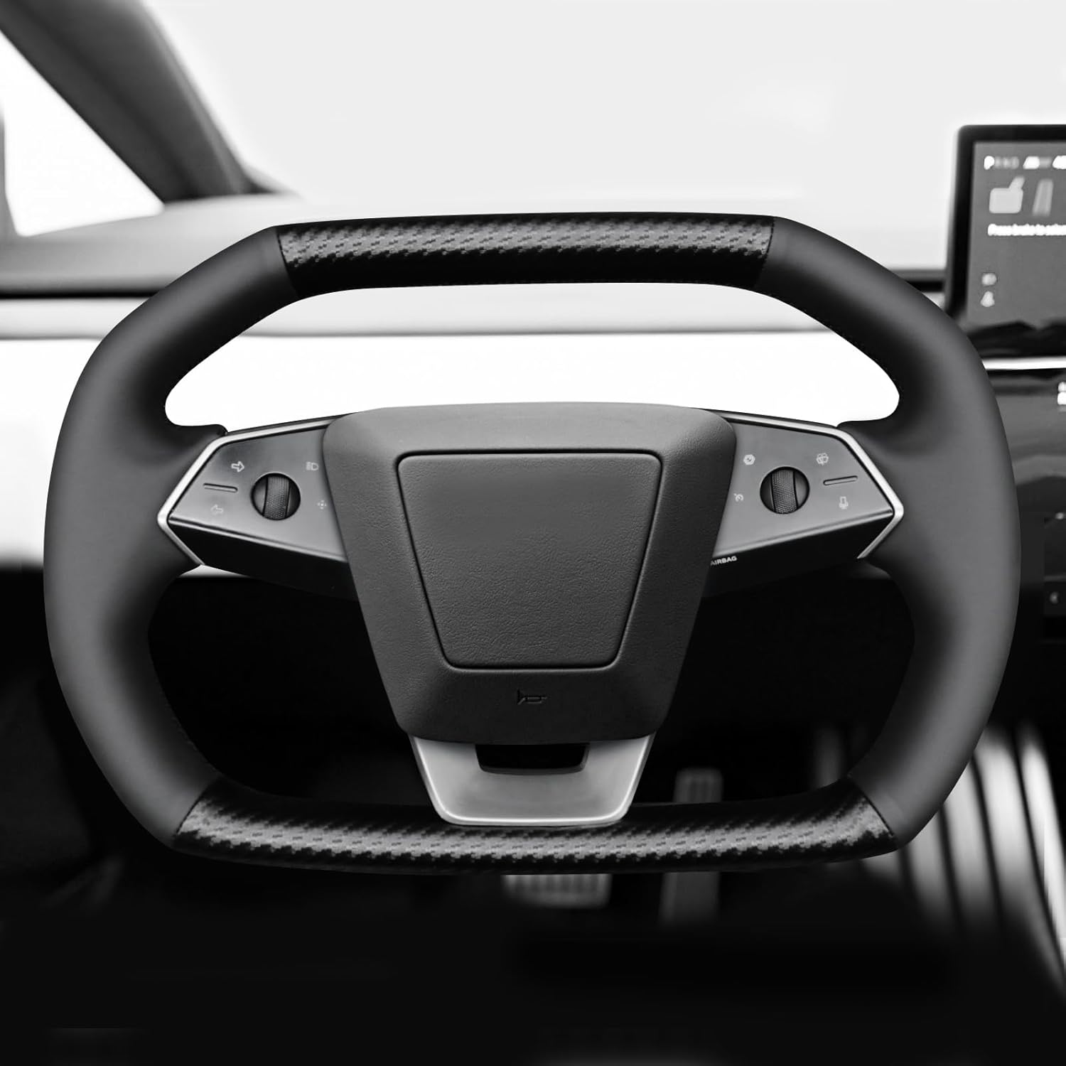 MEWANT Steering Wheel Cover Fit for Tesla Cybertruck 2023 2024 Accessories of Carbon Fiber & Microfiber Leather Steering Wheel Wrap