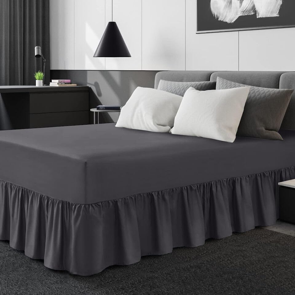 Easy Care Plain Dyed Polycotton Valance Sheet Super Soft Shrinkage Fade Resistant Frilled Valance Bed Skirts Extra Deep Fitted Valance Bed Sheets (Charcoal, Single)