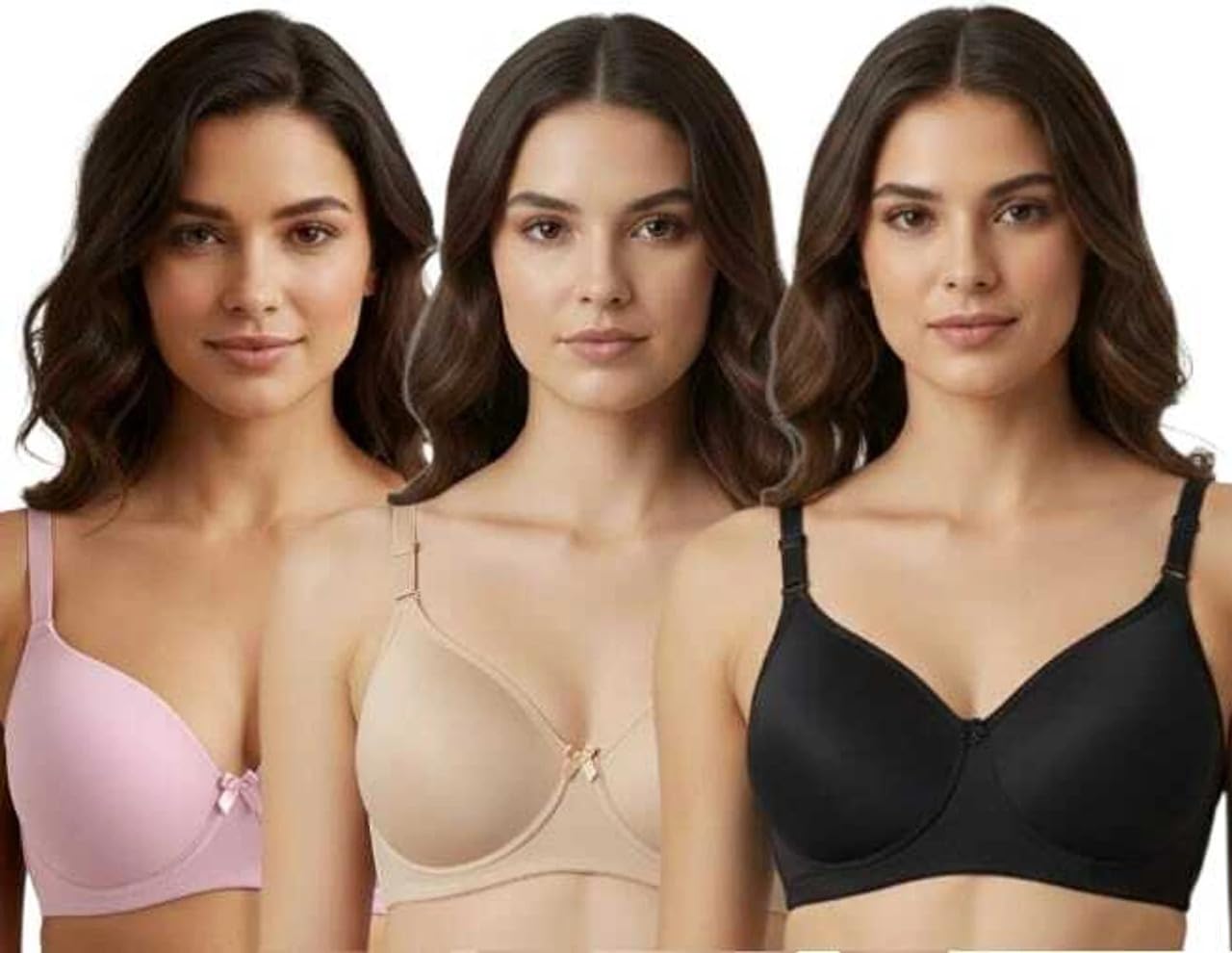 Women’s Nylon Lycra Padded Non-Wired Full Coverage Everyday Bra | Soft, Comfortable & Supportive | Seamless Regular Wear Bra (Pack of 3)