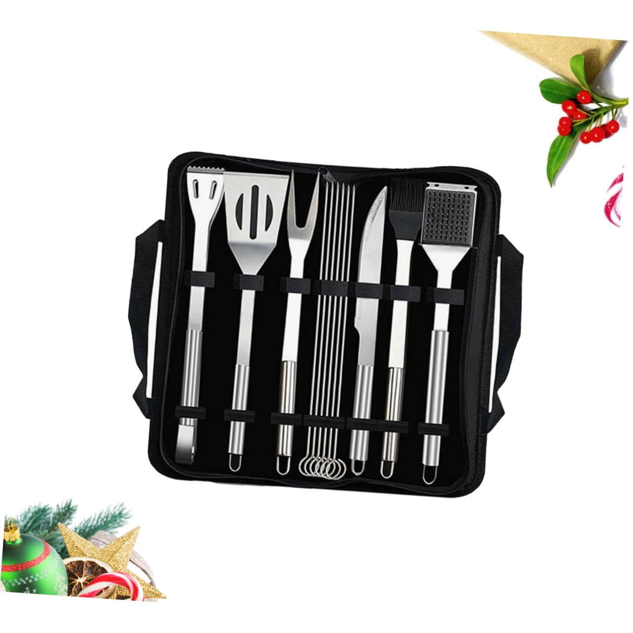 Set Utensili Barbecue Inox 12 Pezzi con Borsa Nera | Spatola, Pinza, Coltello, Forchetta, Pennello e Spiedini, per Campeggio e Outdoor