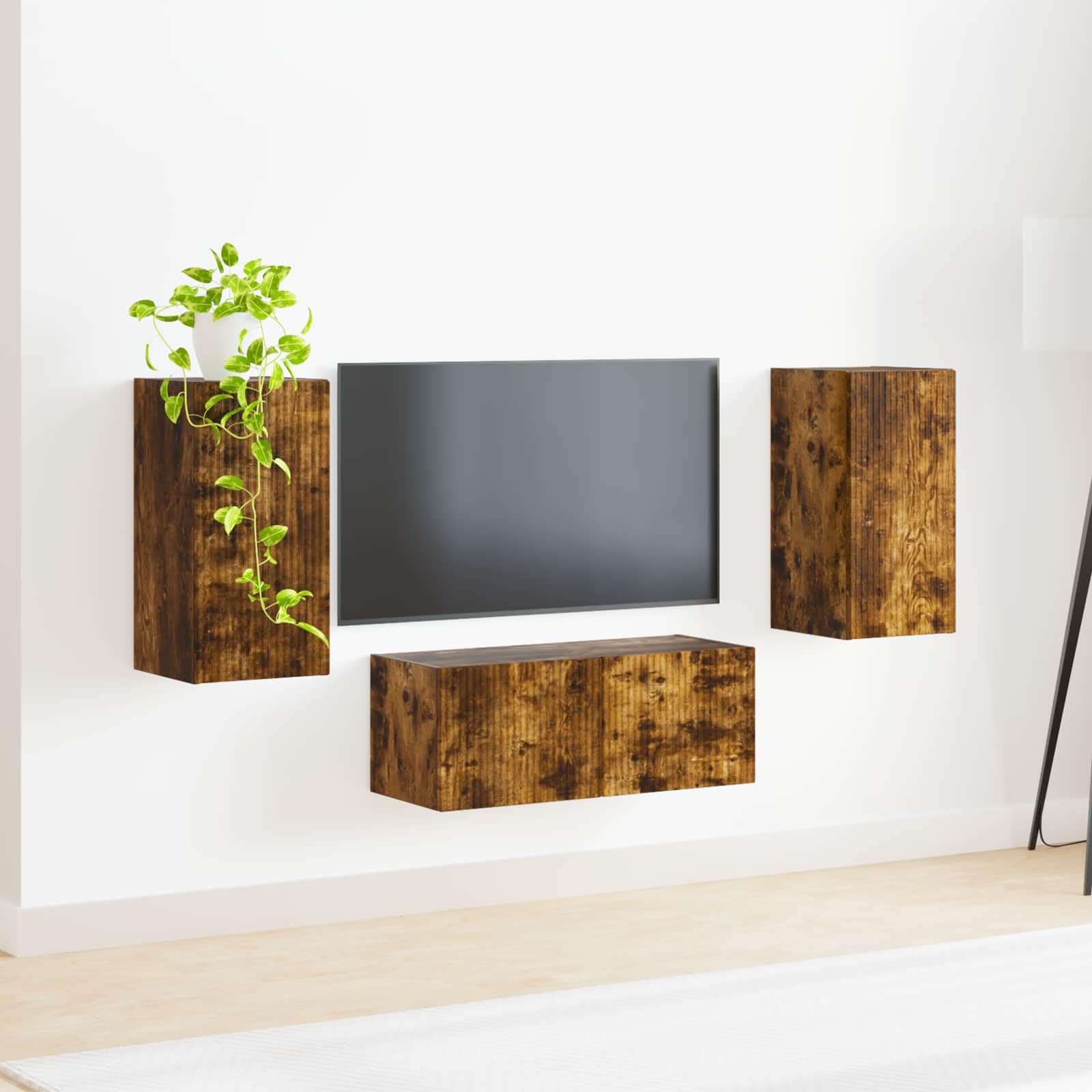 6-Piece Floating TV Stand Set, Smoked Oak Wall Mounted Console | Made of durable engineered wood, this space-saving media center optimizes storage in living rooms and media corners.