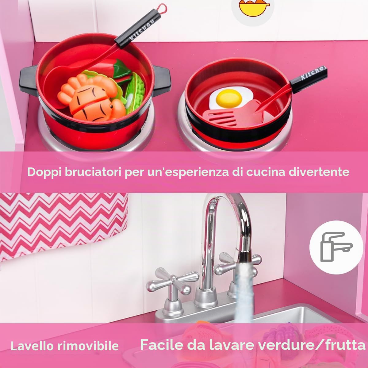 HOMASIS Cucina Legno per Bambini Rosa, Con Lavandino, Forno e Microonde, Giocattolo Educativo da 3+ Anni, Cuore Rosa