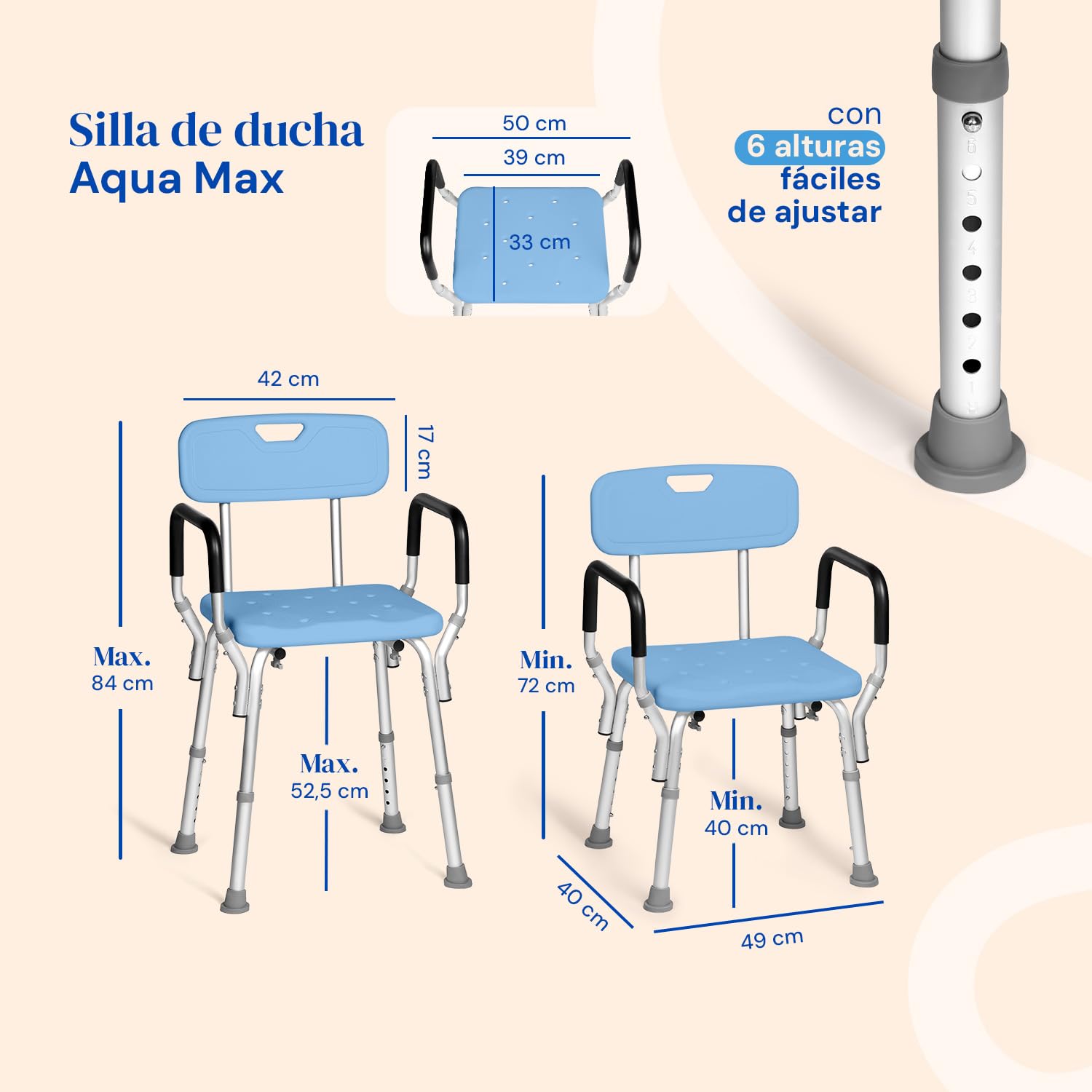 Geriafy Silla de Ducha para Mayores Regulable con Respaldo y Reposabrazos | Silla de ducha para ancianos con respado y reposabrazos Aqua Max
