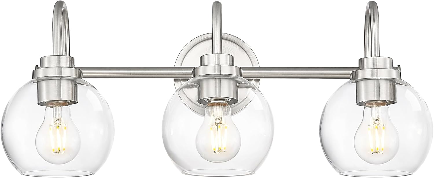 Bathroom Light Fixtures, 3-Light Brushed Nickel Vanity Lights Over Mirror with Globe Clear Glass, Modern Vanity Lighting Fixtures, AD-22280-3W-SN Nickel, 3-Light