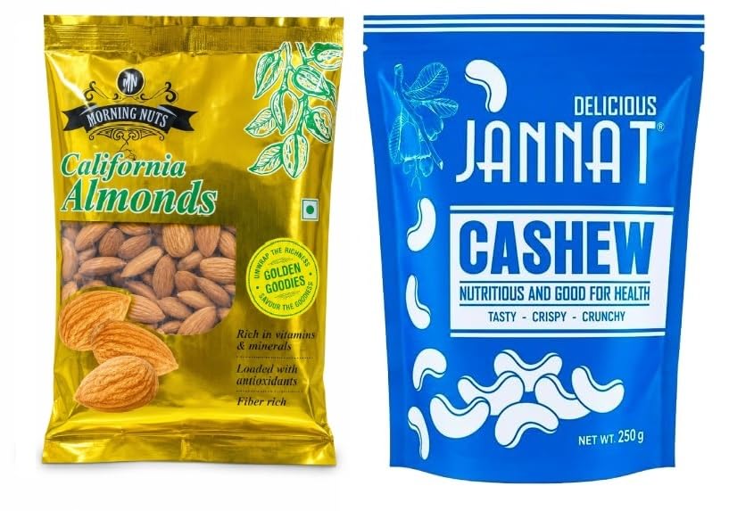 Image of JANNATCASHEW Premium Cashew Nuts W180 Grade 250g and California Almonds 250g Combo Pack | Whole Unsalted Cashew Kernels and Almonds | Crunchy Dry Fruits | Suitable for Snacking, Baking and Cooking