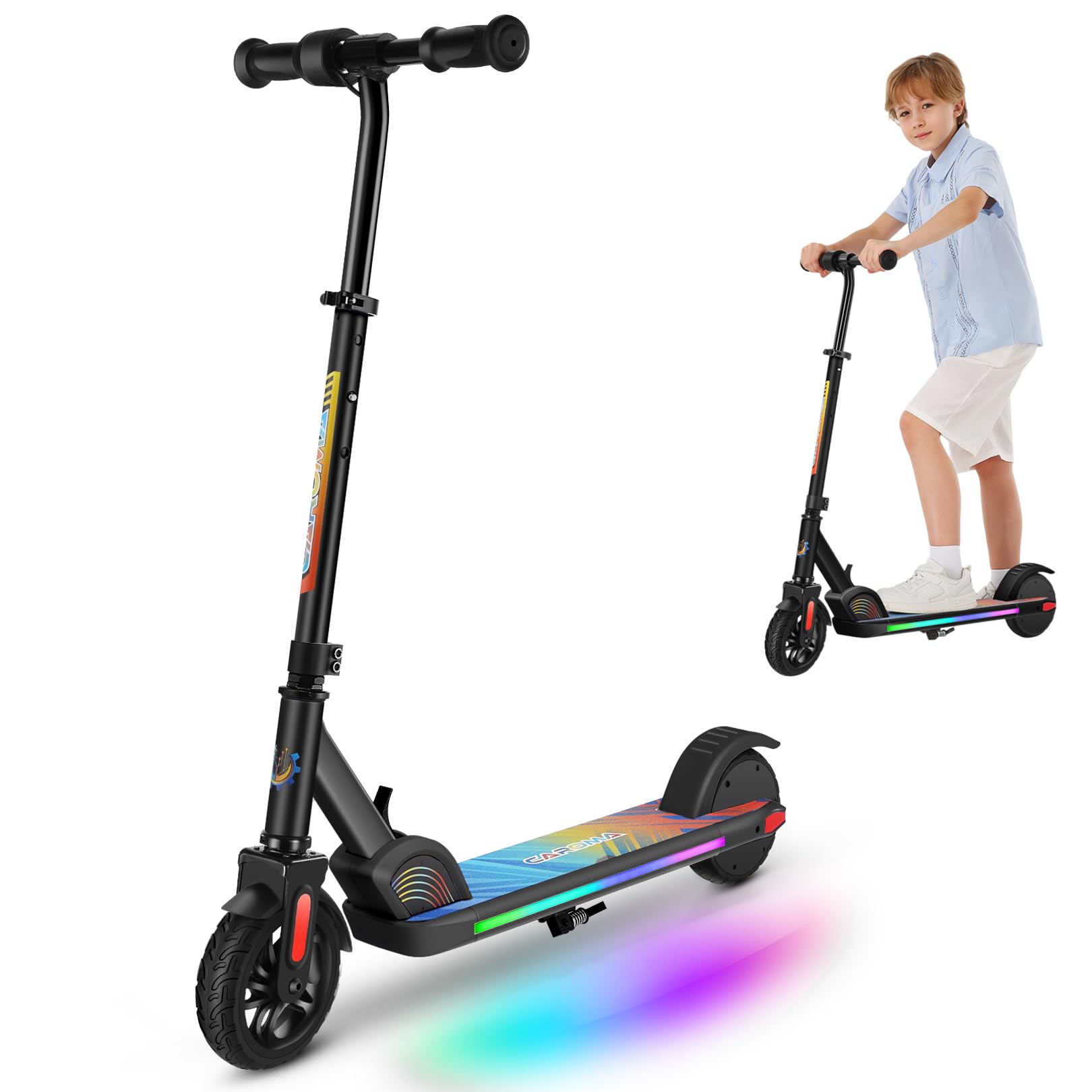 Caroma Electric Scooter for Kids 6-14, 60 Mins Ride Time, Max 7 Miles, Adjustable Height & Speed, Foldable Kids Electric Scooter with Cool Deck Lights & LED Display, Motorized Scooter for Kids