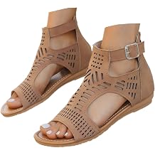 Momolaa Clearance Womens Roman Sandals Gladiator Flat Sandals UK Open Toe Cut out Faux Leather Flat Sandals with Zip Back Footwears