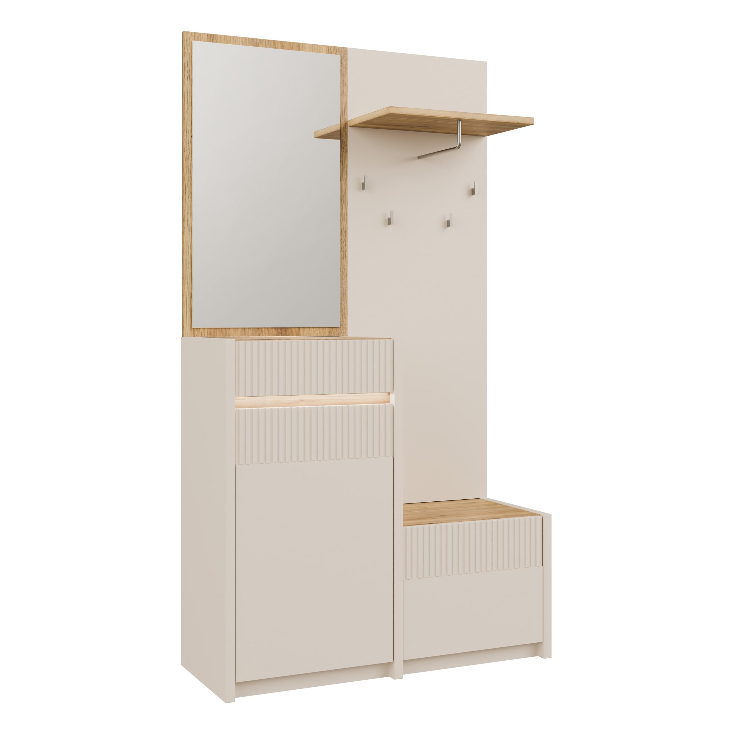 Forte Oak SQUERE Garderobe 100 110, Elegante Garderobe mit Spiegel, Kleiderstange und Aufbewahrung, Holzwerkstoff, Mauvella Eiche Holzdekor/Sand, 108,4 cm breit x 195,9 cm hoch x 41,7 cm tief
