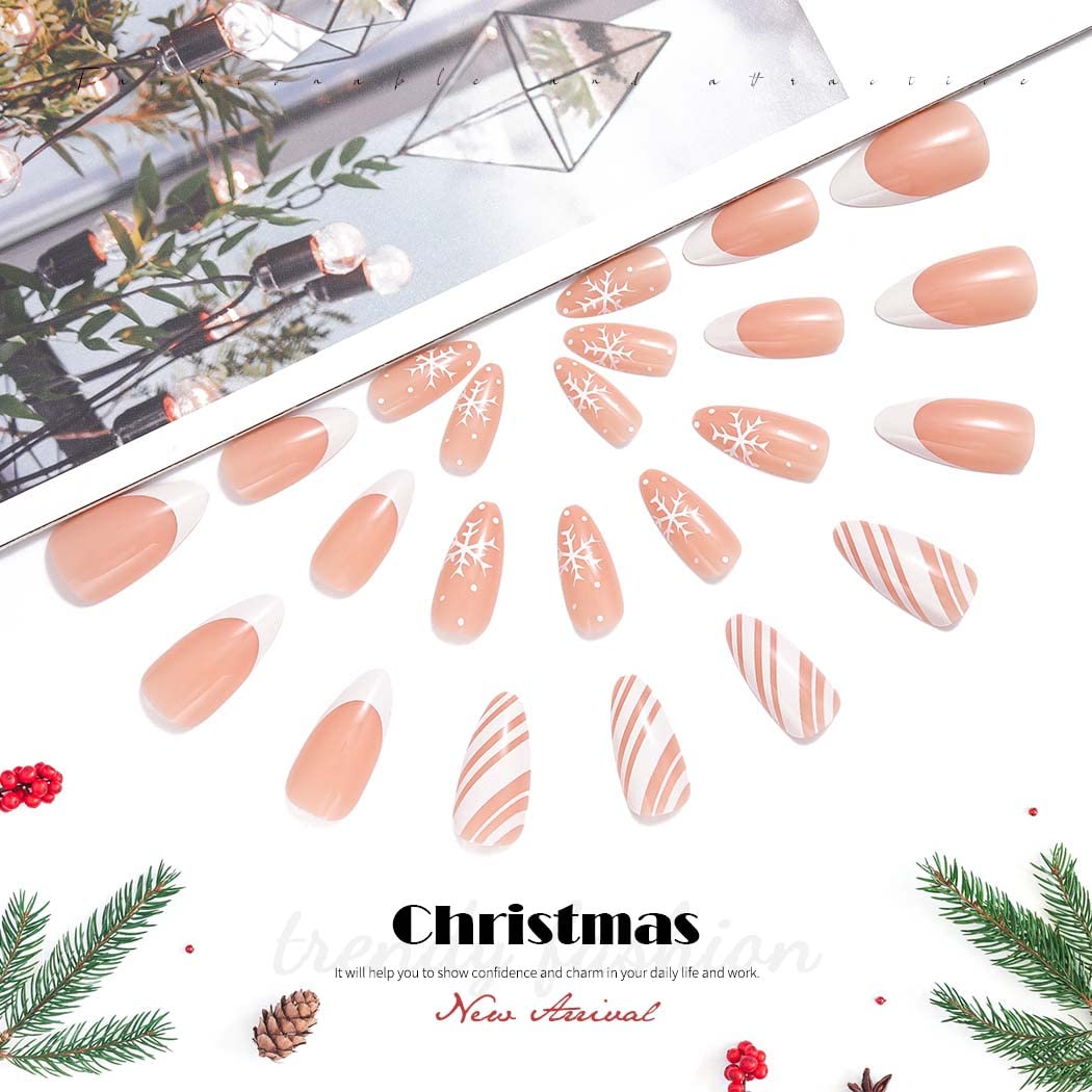 Handcess Christmas Oval False Nails White Short French Press on Nails Glossy Snowflake Acrylic Fake Nails Stick on Nail 24Pcs for Women - Image 2
