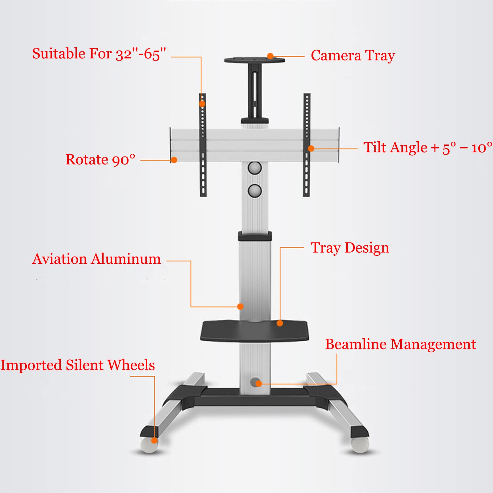 SRHIMEOS Chariot TV Meuble Télé Support avec Roulette Pied Pivotant et Réglable en Hauteur de 40 à 70 Pouces VESA Max de 600 x 400 mm Capacité Max de 70kg