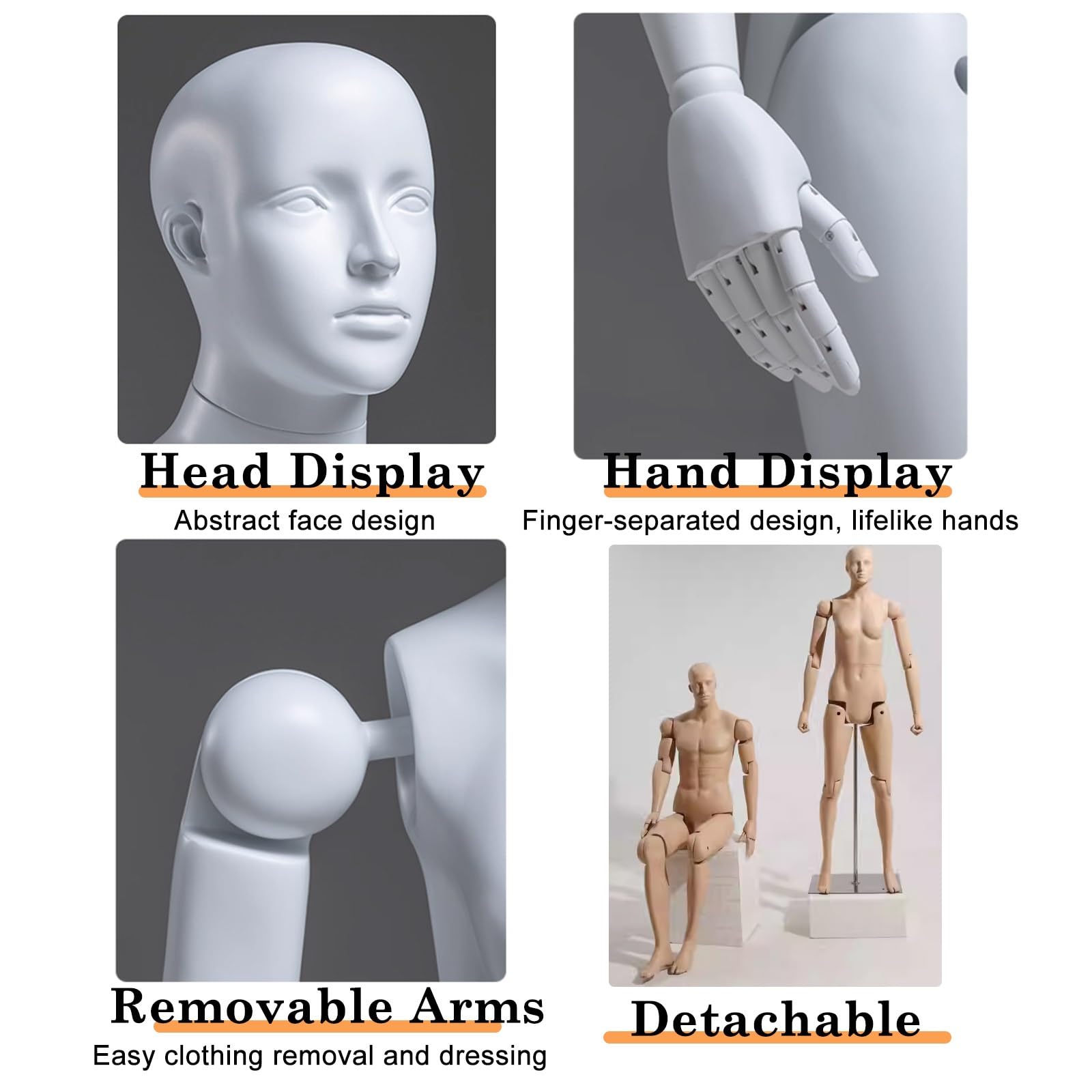 Schaufensterpuppenkleid, verstellbare Ganzkörper-Schaufensterpuppe, große männliche und weibliche Schaufensterpuppe mit Gesichtszügen und abnehmbaren Armen, ideal für Bekleidungsgeschäfte un