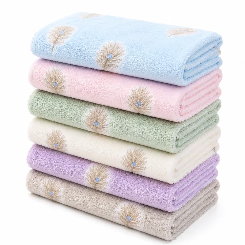 Soft Embroidered Leaf Print Cotton Face Towels for Women & Kids | Soft Pastel Handkerchief Set with Shell Design for Daily Use Travel Spa Home-image-26