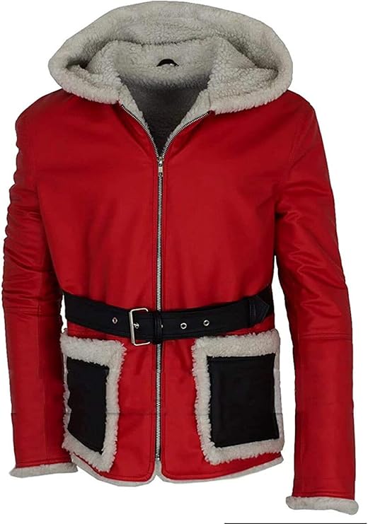 Men's Fashion Red Hooded Christmas Jacket Santa Fashion Jacket Sherpa